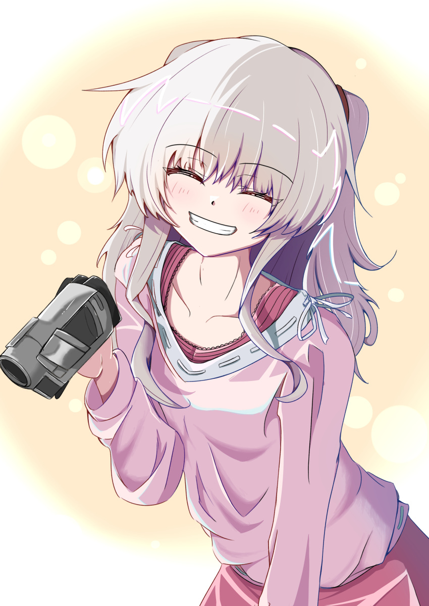 1girl ^_^ absurdres blush camera casual charlotte_(anime) closed_eyes collarbone commentary facing_viewer grey_hair grin hair_between_eyes happy highres holding holding_camera long_hair long_sleeves pink_shirt shirt sidelighting sidelocks simple_background smile solo tanishi_(hetianming11093) tomori_nao two_side_up upper_body video_camera wavy_hair yellow_background