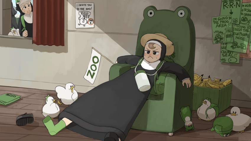 3girls :&lt; backpack bag banana bird black_footwear brown_hair chair chicken diva_(hyxpk) duck english_commentary food freckles frog_headband froggy_nun_(diva) fruit green_bag green_socks grey_hair habit hat highres little_nuns_(diva) multiple_girls nun poster_(object) sheep_nun_(diva) shoes single_shoe sitting snot socks traditional_nun unworn_footwear worried