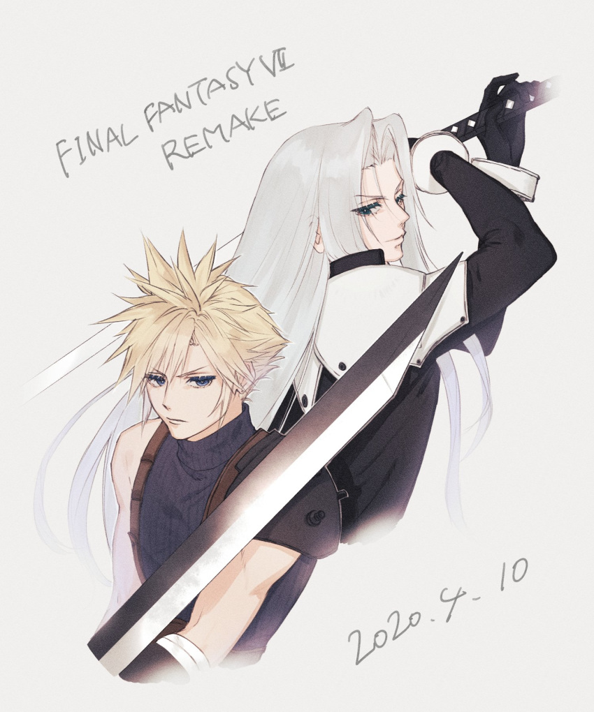 2boys ah_yoshimizu armor bandaged_arm bandages black_coat black_gloves blonde_hair blue_eyes buster_sword cloud_strife coat copyright_name cropped_torso dated expressionless fighting_stance final_fantasy final_fantasy_vii final_fantasy_vii_remake gloves green_eyes grey_background grey_hair hands_up highres holding holding_sword holding_weapon katana long_hair looking_at_another looking_back looking_to_the_side male_focus multiple_boys pauldrons sephiroth short_hair shoulder_armor single_pauldron sleeveless sleeveless_turtleneck spiked_hair suspenders sword turtleneck upper_body weapon