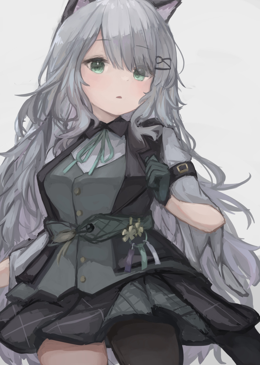 1girl animal_ears arknights black_bow black_bowtie black_pantyhose black_skirt blush bow bowtie cat_ears cat_girl cowboy_shot eyes_visible_through_hair gloves green_eyes green_gloves green_ribbon green_vest grey_hair hair_ornament hairclip hand_up highres jacket lapels looking_at_viewer mint_(arknights) neck_ribbon official_alternate_costume open_clothes open_jacket pantyhose parted_lips pleated_skirt ribbon simple_background single_leg_pantyhose skirt sleeveless sleeveless_jacket solo teruriu vest white_background