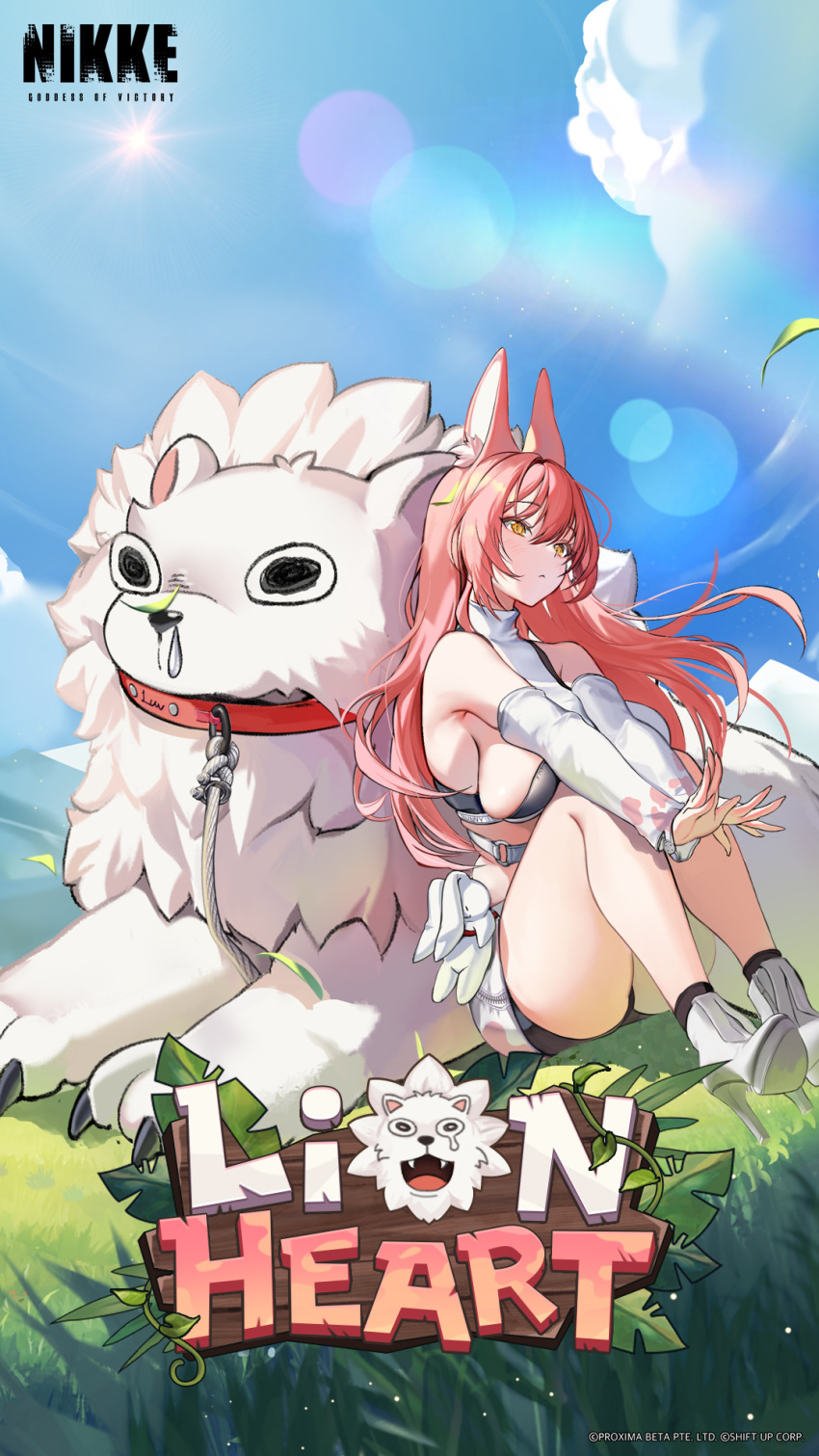 1girl 1other @_@ animal_collar animal_ear_fluff animal_ears armpits bare_shoulders blue_sky blush breasts cloud collar day detached_sleeves goddess_of_victory:_nikke grass hair_between_eyes hair_intakes highres knees_up large_breasts leona_(nikke) lion long_hair nervous official_art outdoors pink_hair shirt sideboob sidelocks sitting sky sun sunlight tail timi_(nikke) white_shirt yellow_eyes zipper