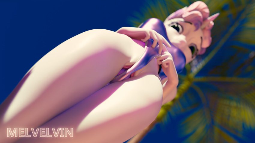 16:9 3d_(artwork) anthro anthrofied clothing depth_of_field digital_media_(artwork) dildo equid equine friendship_is_magic genitals green_eyes hair hasbro hi_res horn low-angle_view mammal melvelvin my_little_pony palm_tree penetration pink_hair plant purple_hair pussy sex_toy sweetie_belle_(mlp) swimwear tree unicorn vaginal vaginal_penetration widescreen worm's-eye_view