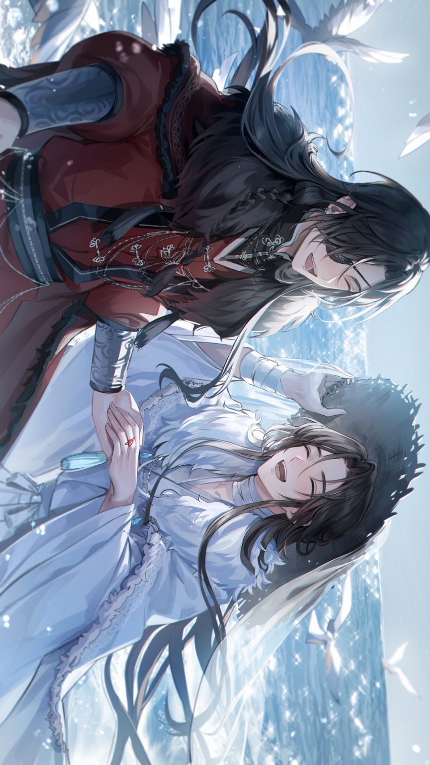 2boys absurdres bandaged_neck bandages bishounen black_hair brown_hair butterfly_necklace day eyepatch fur_trim hat highres hua_cheng long_hair long_sleeves looking_at_another male_focus multiple_boys ocean parted_bangs red_hanfu smile string_around_finger sun_hat tassel tianguan_cifu veil very_long_hair white_hanfu wide_sleeves xie_lian yaoi young57440489
