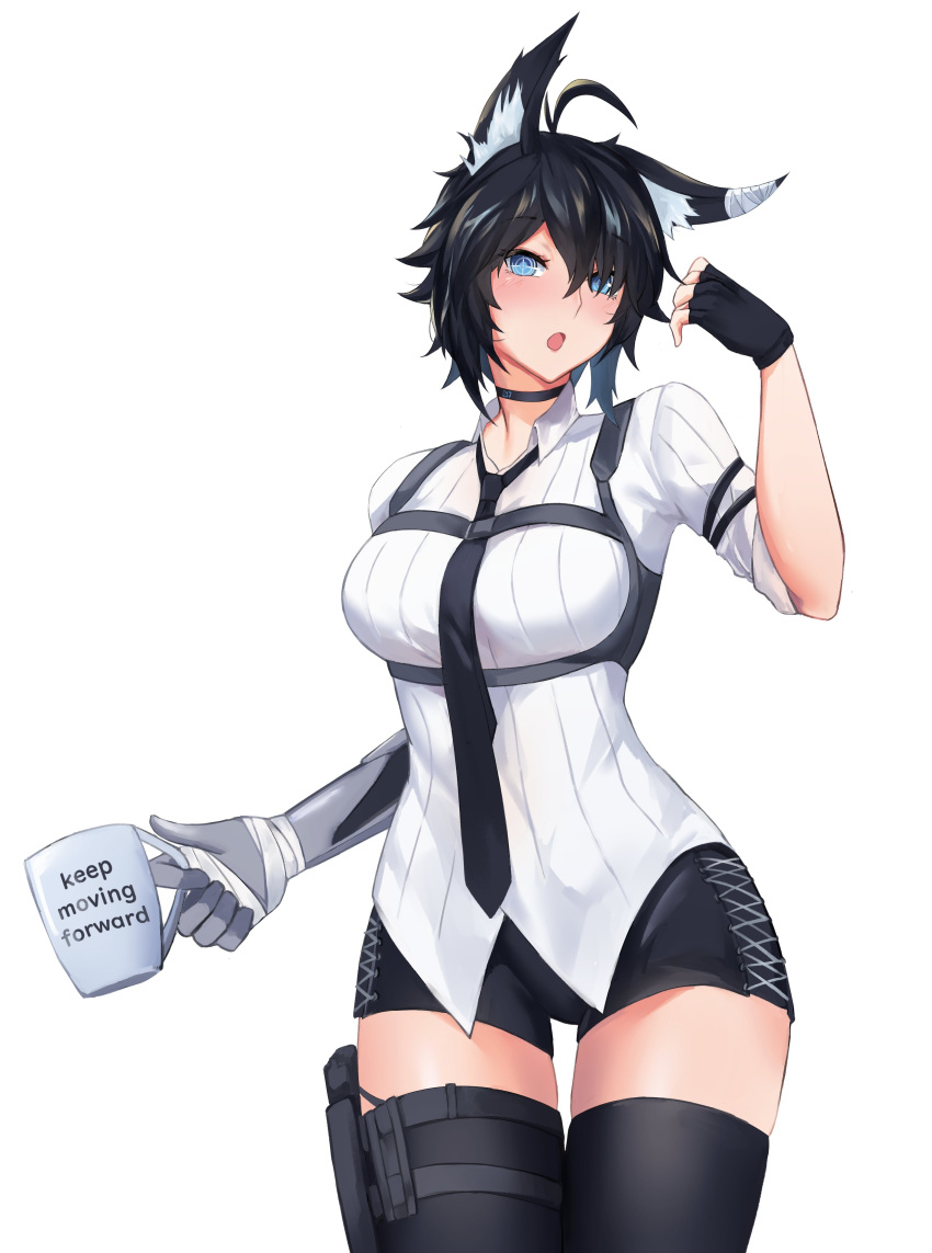 1girl absurdres ahoge animal_ear_fluff animal_ears bandages black_hair black_shorts black_thighhighs blue_eyes blush chest_harness choker collared_shirt commission cup fingerless_gloves gloves harness highres holding holding_cup kisu looking_at_viewer mechanical_arms mug necktie rd_(ardeee) shirt shorts single_mechanical_arm thighhighs vrchat white_shirt wolf_ears