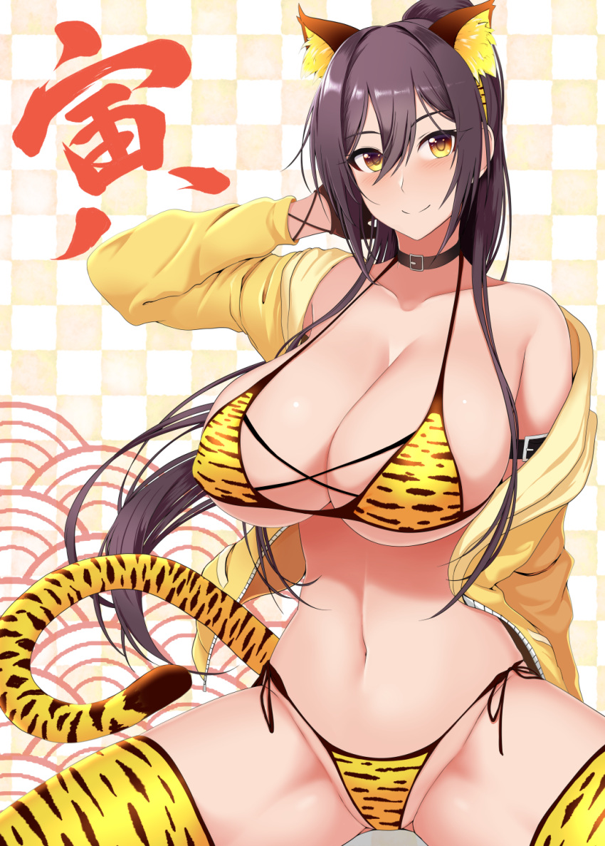 1girl bangs bare_shoulders black_hair blush breasts chinese_zodiac cleavage collarbone hair_between_eyes high_ponytail highres idolmaster idolmaster_shiny_colors large_breasts long_hair looking_at_viewer moo_yoshio navel ponytail shirase_sakuya smile solo thighs year_of_the_tiger yellow_eyes