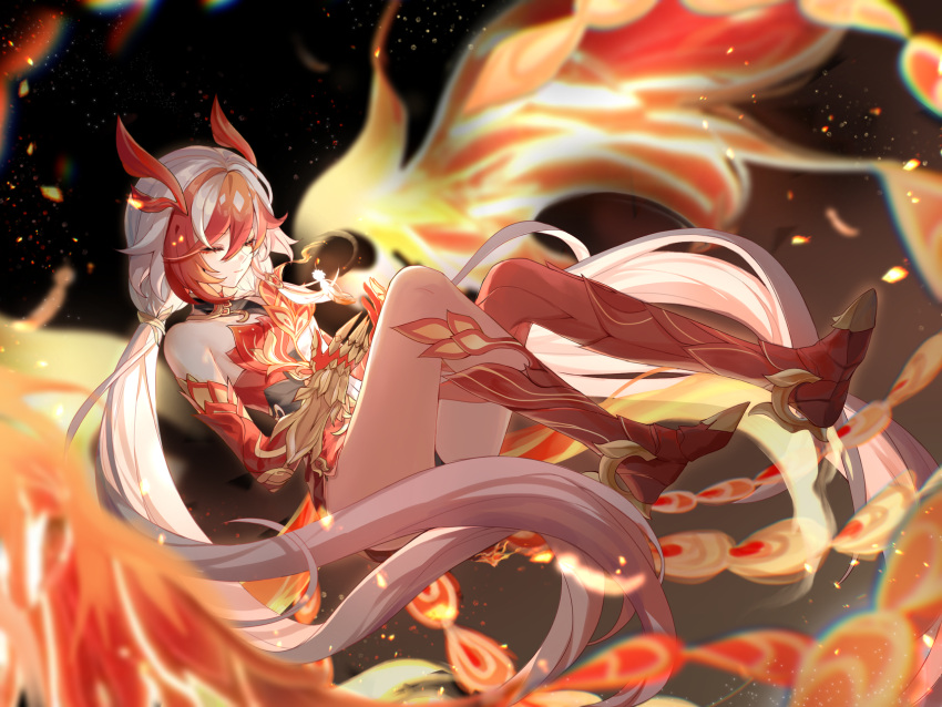 1girl animal_hands bare_shoulders black_shorts black_sports_bra chinese_clothes claws closed_eyes closed_mouth detached_sleeves elbow_gloves eyeliner feathers fire fu_hua fu_hua_(garuda) gloves hair_between_eyes highres honkai_(series) honkai_impact_3rd long_hair low-tied_long_hair low_twintails makeup mangzhi_yaoyao multicolored_hair multiple_tails red_eyeliner red_gloves red_hair red_rope red_scales rope scales shorts solo sports_bra sportswear streaked_hair tail twintails two-tone_hair very_long_hair white_hair wings