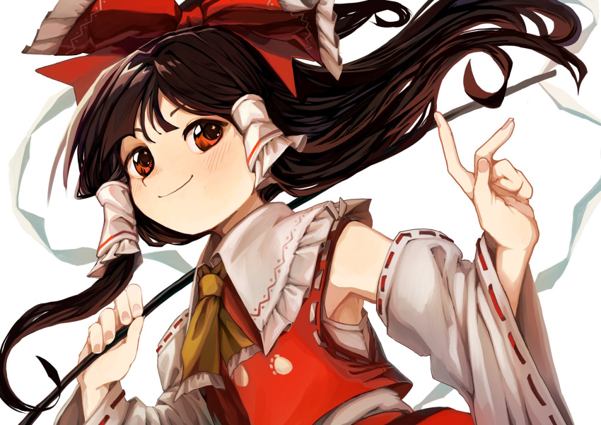 1girl armpits bow brown_eyes brown_hair detached_sleeves dutch_angle hair_bow hakurei_reimu highres jacket large_bow matsukuzu nontraditional_miko red_bow red_jacket red_skirt shirt skirt sleeveless sleeveless_jacket smile solo touhou white_background white_shirt white_sleeves