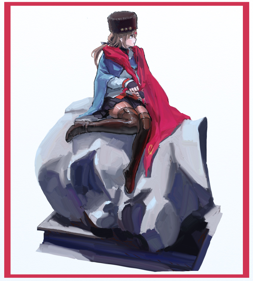 1girl axdg black_headwear blue_shawl blue_shirt blue_skirt boots border broken_statue brown_eyes brown_footwear brown_hair collar_tabs communism fingerless_gloves flag flag_around_neck fur_hat gloves hammer_and_sickle hat high_heels highres jacket kantai_collection leather leather_boots looking_to_the_side papakha pleated_skirt red_border red_flag shawl shirt simple_background skirt solo soviet soviet_flag star_(symbol) statue tashkent_(kancolle) thigh_boots untucked_shirt vladimir_lenin white_background white_jacket