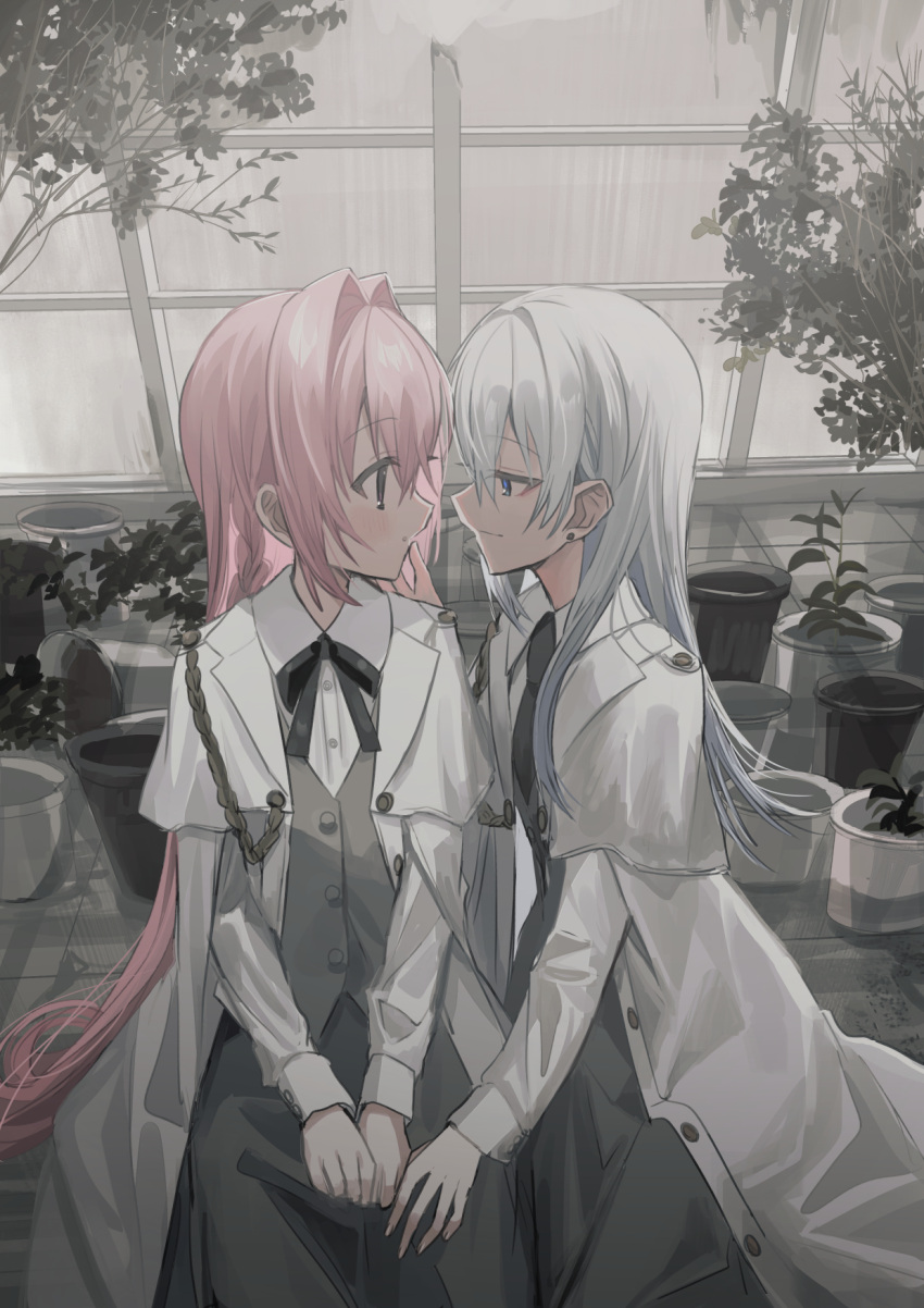 2girls black_ribbon blue_eyes braid chihuri closed_mouth collared_shirt commentary_request dress_shirt earrings ende_(chihuri) eye_contact flower_pot grey_hair grey_skirt grey_vest hair_between_eyes hair_intakes highres indoors jacket jewelry long_hair long_sleeves looking_at_another multiple_girls nea_(chihuri) neck_ribbon open_clothes open_jacket original pink_hair profile purple_eyes ribbon shirt skirt smile stud_earrings very_long_hair vest white_jacket white_shirt window yuri