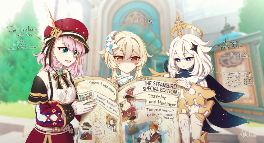 3girls blonde_hair carrying carrying_over_shoulder carrying_person charlotte_(genshin_impact) feather_hair_ornament feathers flower genshin_impact gloves hair_between_eyes hair_flower hair_ornament hat hetero highres holding holding_newspaper lumine_(genshin_impact) monocle multiple_girls newspaper open_mouth paimon_(genshin_impact) pink_hair red_headwear shaded_face shailo short_hair short_hair_with_long_locks sidelocks smile white_flower white_gloves yellow_eyes