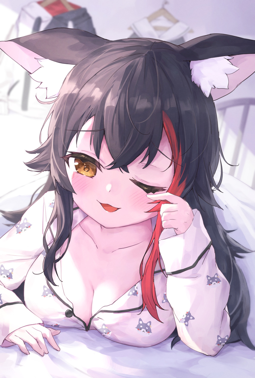 1girl ;d absurdres animal_ears bed black_hair blurry blurry_background breasts brown_eyes cleavage collarbone collared_shirt commentary_request depth_of_field dress_shirt hair_between_eyes hand_up highres hololive indoors long_hair long_sleeves masaki_(msk064) medium_breasts multicolored_hair one_eye_closed ookami_mio pajamas print_pajamas print_shirt puffy_long_sleeves puffy_sleeves red_hair rubbing_eyes shirt sleeves_past_wrists smile solo streaked_hair under_covers virtual_youtuber white_pajamas white_shirt wolf_ears wolf_print