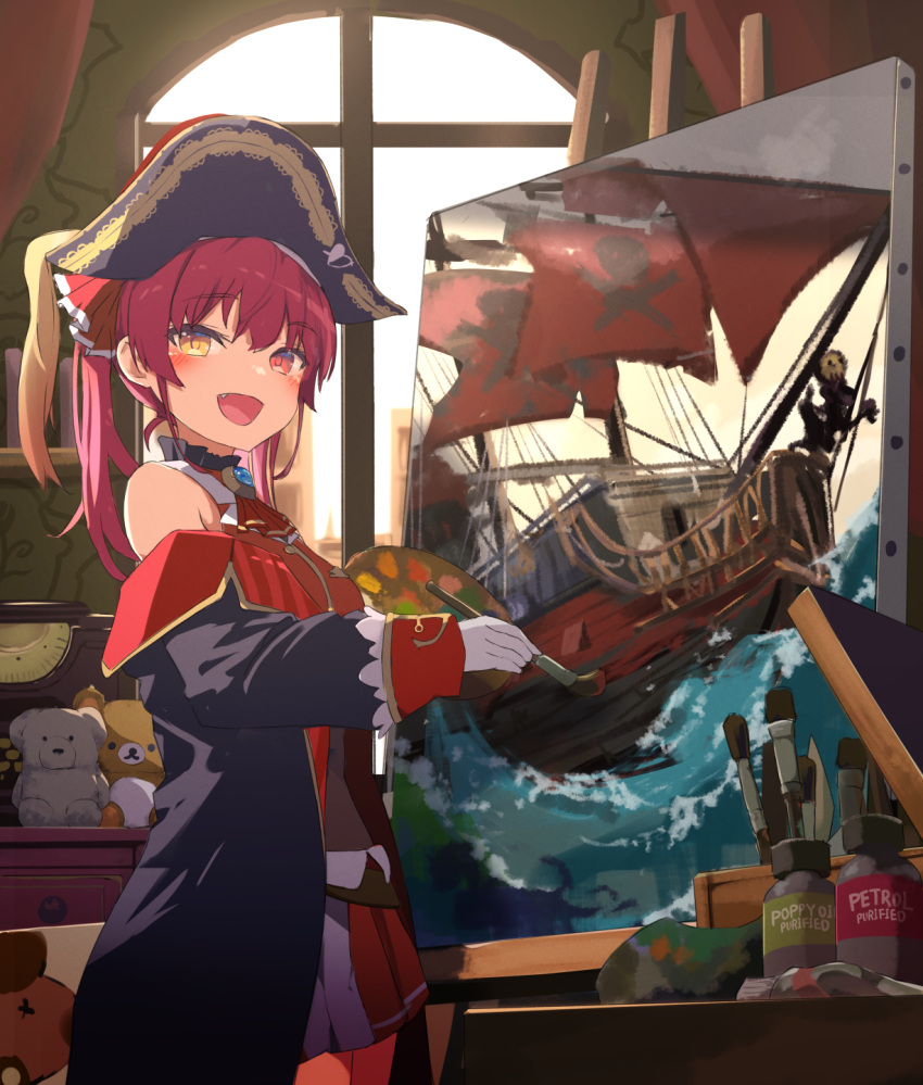 1girl bangs bare_shoulders blush canvas_(object) commentary_request cowboy_shot eyebrows_visible_through_hair hair_between_eyes hair_ribbon hat heterochromia highres holding holding_paintbrush hololive houshou_marine long_hair long_sleeves off-shoulder_coat off_shoulder open_mouth paintbrush painting pirate_costume pirate_hat pirate_ship red_eyes red_hair red_ribbon remini_(scenceremini) ribbon smile solo standing stuffed_toy virtual_youtuber yellow_eyes