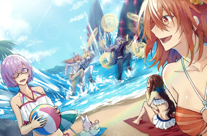 3boys 3girls :d ball beach beach_towel beach_umbrella beachball bikini black-framed_eyewear blonde_hair blue_bow blue_sky blush bow brown_hair cloud cloudy_sky cup day demon_pillar_(fate) drinking drinking_straw dutch_angle fate/grand_order fate_(series) film_grain fou_(fate) frilled_bikini frills fujimaru_ritsuka_(female) fujimaru_ritsuka_(female)_(brilliant_summer) gate_of_babylon_(fate) gilgamesh_(establishment)_(fate) gilgamesh_(fate) glasses hair_bow hair_ornament hair_over_one_eye hair_scrunchie holding holding_ball holding_beachball holding_cup knees_up lens_flare leonardo_da_vinci_(fate) leonardo_da_vinci_(rider)_(fate) long_hair looking_at_another low_ponytail mash_kyrielight mash_kyrielight_(swimsuit_of_perpetual_summer_ver.02) merlin_(camelot_&amp;_co)_(fate) merlin_(fate) motion_blur multicolored_bikini multicolored_clothes multiple_boys multiple_girls nekohanemocha non-circular_lens_flare o-ring o-ring_bikini ocean official_alternate_costume open_mouth orange_bikini orange_eyes orange_hair outdoors palm_tree pants pink_hair ponytail purple_eyes purple_hair rainbow_bikini romani_archaman running sand scrunchie shaded_face short_hair sitting sky smile square_mouth standing striped striped_bikini sunglasses swimsuit towel tree tropical_drink umbrella water white_bikini white_hair white_pants yellow_scrunchie