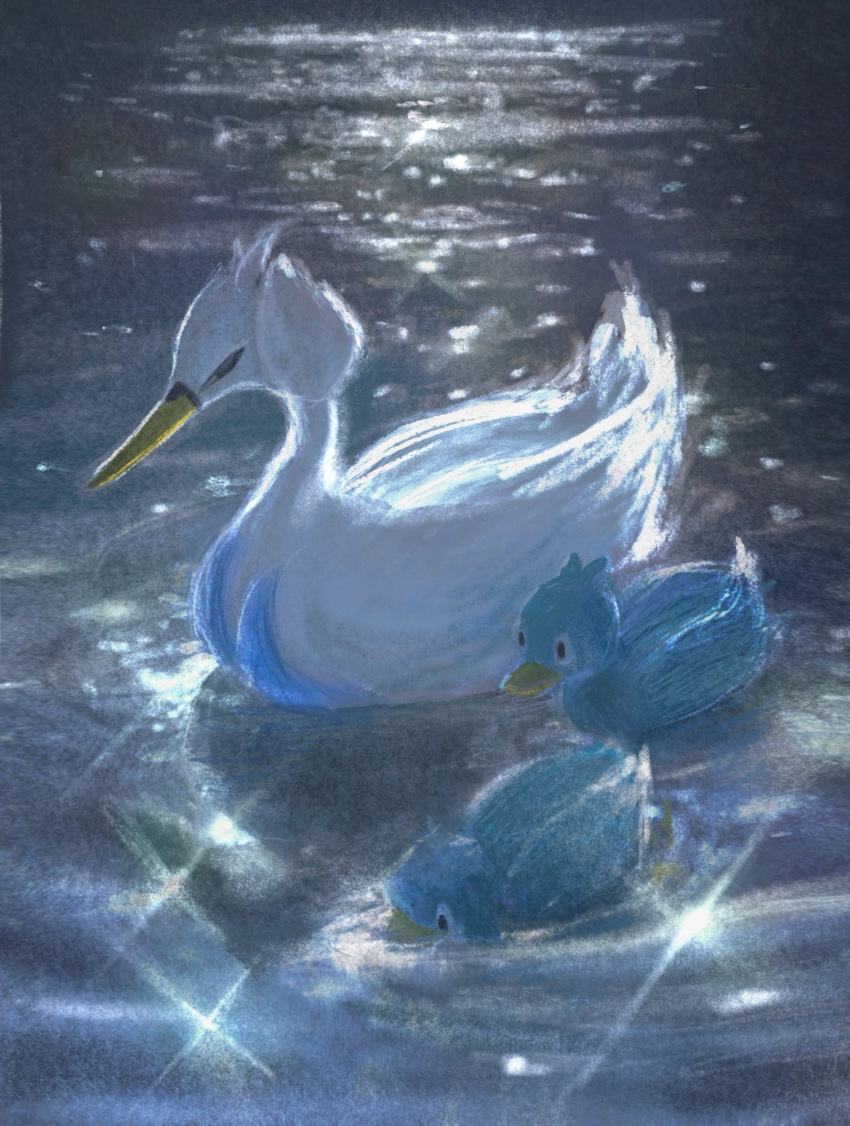 07_qop absurdres animal_focus beak bird black_eyes blue_feathers duck ducklett evolutionary_line feathers glint highres no_humans pokemon pokemon_(creature) swan swanna water white_feathers