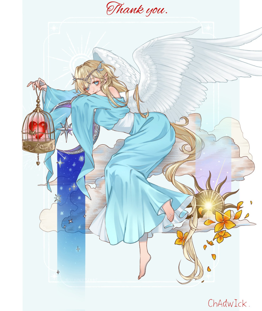 1girl absurdly_long_hair angel angel_wings bare_shoulders barefoot birdcage blonde_hair blue_background blue_dress blue_eyes cage closed_mouth cloud crescent_moon diadem dress feathered_wings full_body hair_intakes heart highres holding long_dress long_hair long_sleeves looking_at_viewer moon orange_petals original petals pointy_ears sabuneko2645 smile solo sun very_long_hair white_wings wide_sleeves wings