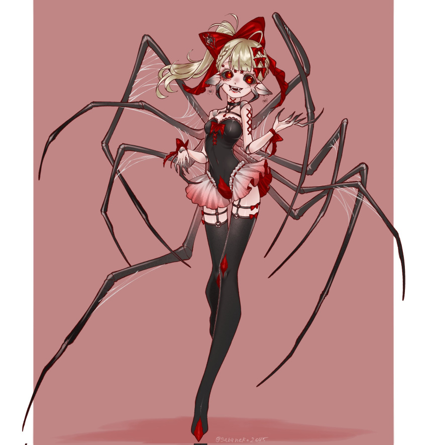 1girl arthropod_girl arthropod_limbs black_choker black_leotard black_sclera black_thighhighs blonde_hair bow breasts choker claws colored_eyelashes colored_sclera doll_joints ear_piercing extra_eyes fangs full_body garter_straps hair_bow high_side_ponytail highres joints large_bow leotard long_hair looking_at_viewer mandibles open_mouth original piercing pointy_ears red_background red_bow red_eyes sabuneko2645 sharp_teeth silk simple_background small_breasts solo spider_earrings spider_girl spider_web standing standing_on_one_leg teeth thighhighs twitter_username