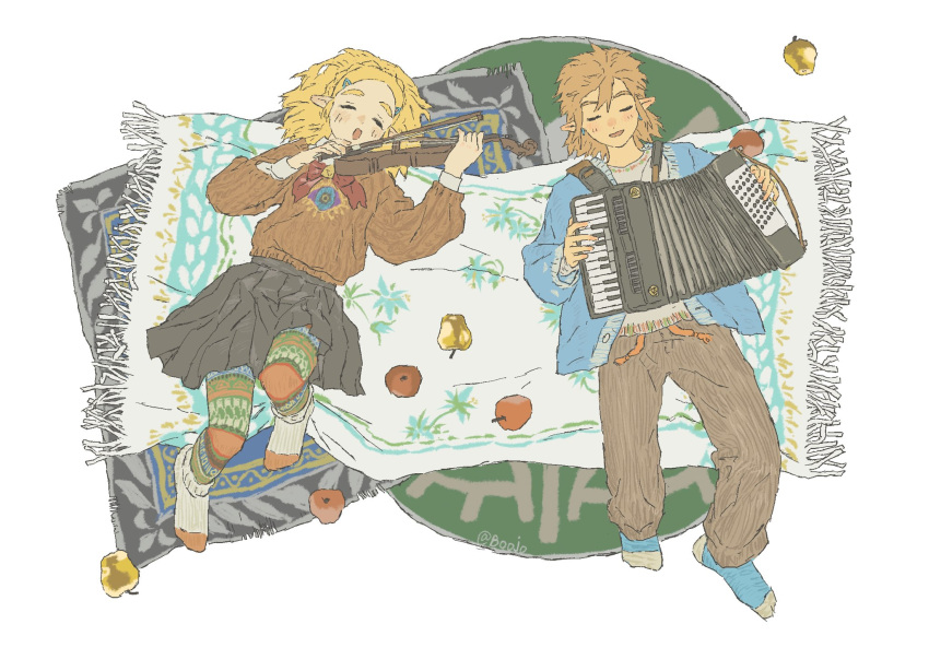 1boy 1girl accordion apple artist_name black_skirt blonde_hair bo_oj0916 bow_(weapon) brown_hair closed_eyes earrings food from_above fruit golden_apple hair_ornament hairclip highres holding holding_instrument instrument jewelry link long_sleeves lying music on_back open_clothes open_mouth playing_instrument pleated_skirt pointy_ears princess_zelda rug skirt socks sweater the_legend_of_zelda the_legend_of_zelda:_tears_of_the_kingdom violin weapon