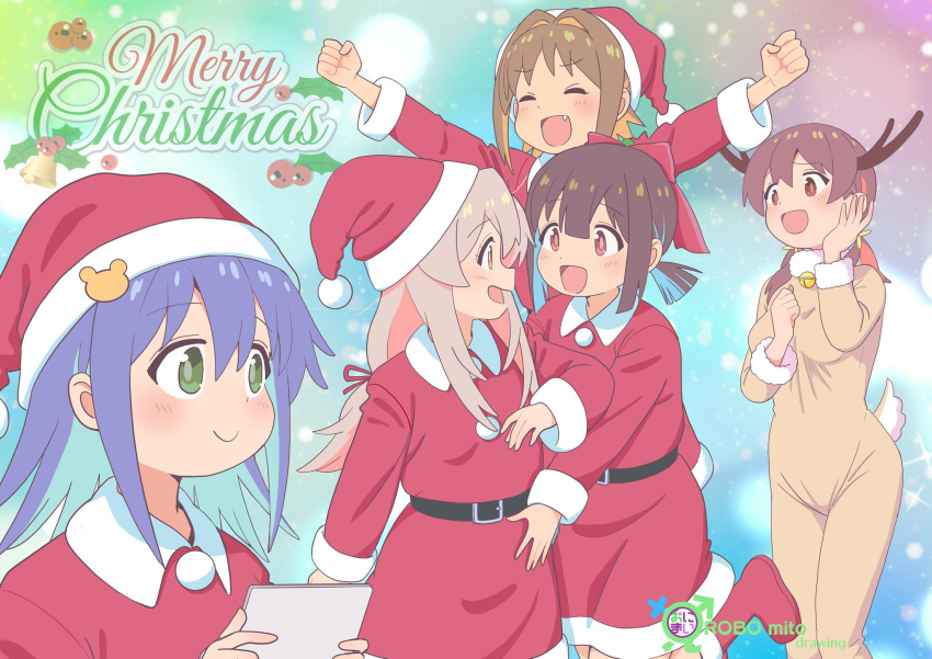 5girls :d animal_costume aqua_hair artist_name bell belt blue_hair blunt_bangs blunt_ends brown_eyes brown_hair christmas clenched_hands closed_eyes colored_inner_hair commentary fang fur_trim green_eyes hair_between_eyes hair_intakes hand_on_own_cheek hand_on_own_face hat highres hozuki_momiji jingle_bell long_hair long_sleeves looking_at_another low-tied_long_hair low_twintails merry_christmas multicolored_background multicolored_hair multiple_girls murosaki_miyo neck_bell oka_asahi onii-chan_wa_oshimai! open_mouth orange_hair outstretched_arms oyama_mahiro pink_hair pom_pom_(clothes) red_hair reindeer_costume robomito santa_costume santa_hat short_hair short_ponytail smile tablet_pc tenkawa_nayuta twintails two-tone_hair yellow_eyes