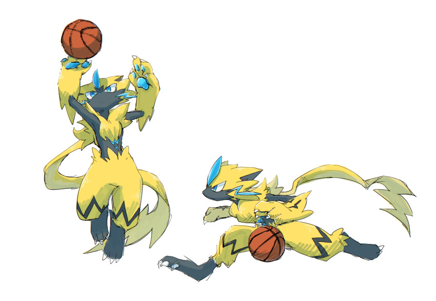 ambiguous_gender anthro ball basketball_(ball) black_body blue_eyes claws clothing fur generation_7_pokemon hi_res jumpsuit legendary_pokemon nintendo pokemon pokemon_(species) running simple_background ska_siyu solo white_background yellow_body yellow_fur zeraora