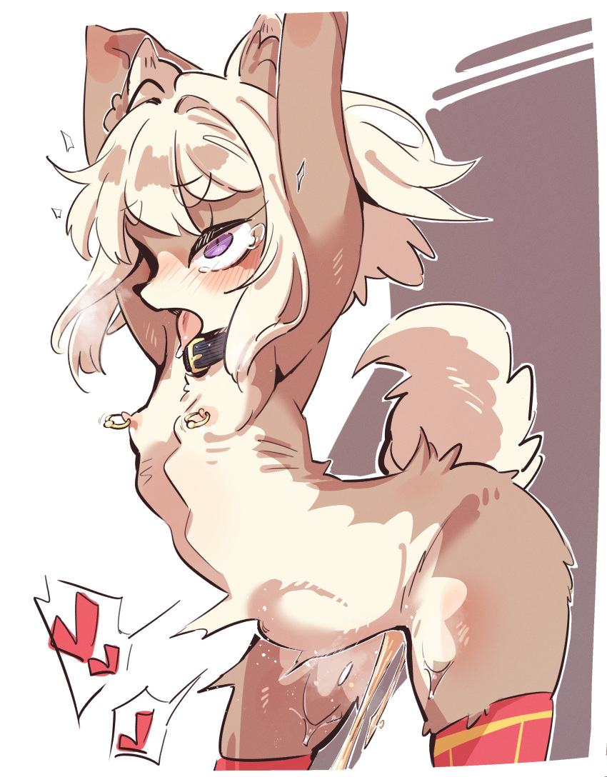 1boy 1girl absurdres ahegao animal_ear_fluff animal_ears animal_nose armpits arms_up belt_collar black_collar blonde_hair blush breasts brown_fur collar dashed_eyes dog_ears dog_girl dog_tail furry furry_female heart hetero highres nipple_piercing nose_blush nude open_mouth original pee peeing piercing purple_eyes pussy_juice red_thighhighs rolling_eyes romaji_commentary small_breasts solo_focus stomach_bulge tail tearing_up tears thighhighs tongue tongue_out yuuki_(yuyuki000)