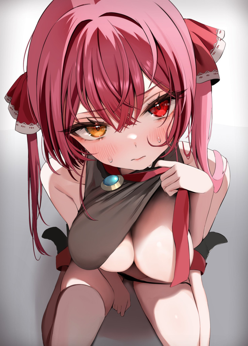 1girl blush breasts closed_mouth crossed_bangs double-parted_bangs embarrassed from_above gradient_background hair_between_eyes hair_ribbon heterochromia highres hololive houshou_marine houshou_marine_(1st_costume) large_breasts lifted_by_self long_hair looking_at_viewer namagome_negi orange_eyes red_eyes red_hair red_ribbon ribbon simple_background sitting solo sweat twintails virtual_youtuber wariza white_background