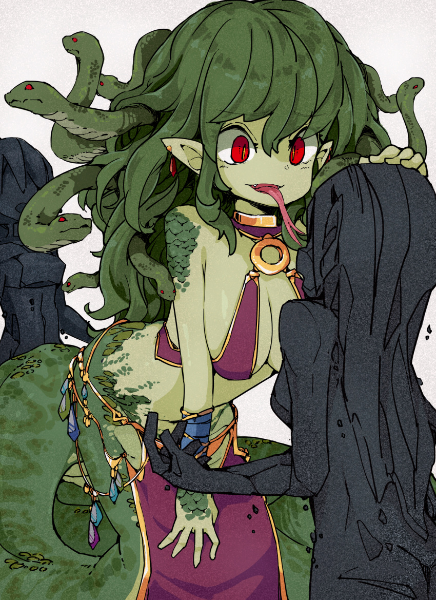 3girls arm_between_legs arm_on_another's_head arm_wrap armlet breasts colored_skin dangle_earrings earrings fangs forked_tongue frfr gold_trim green_hair green_scales green_skin grey_background harem_outfit highres jewelry lamia large_breasts light_smile loincloth long_hair looking_at_another monster_girl multiple_girls open_mouth original petrification pointy_ears red_eyes revealing_clothes rock sleeveless slit_pupils snake_hair snake_tail solo statue tail tongue tongue_out