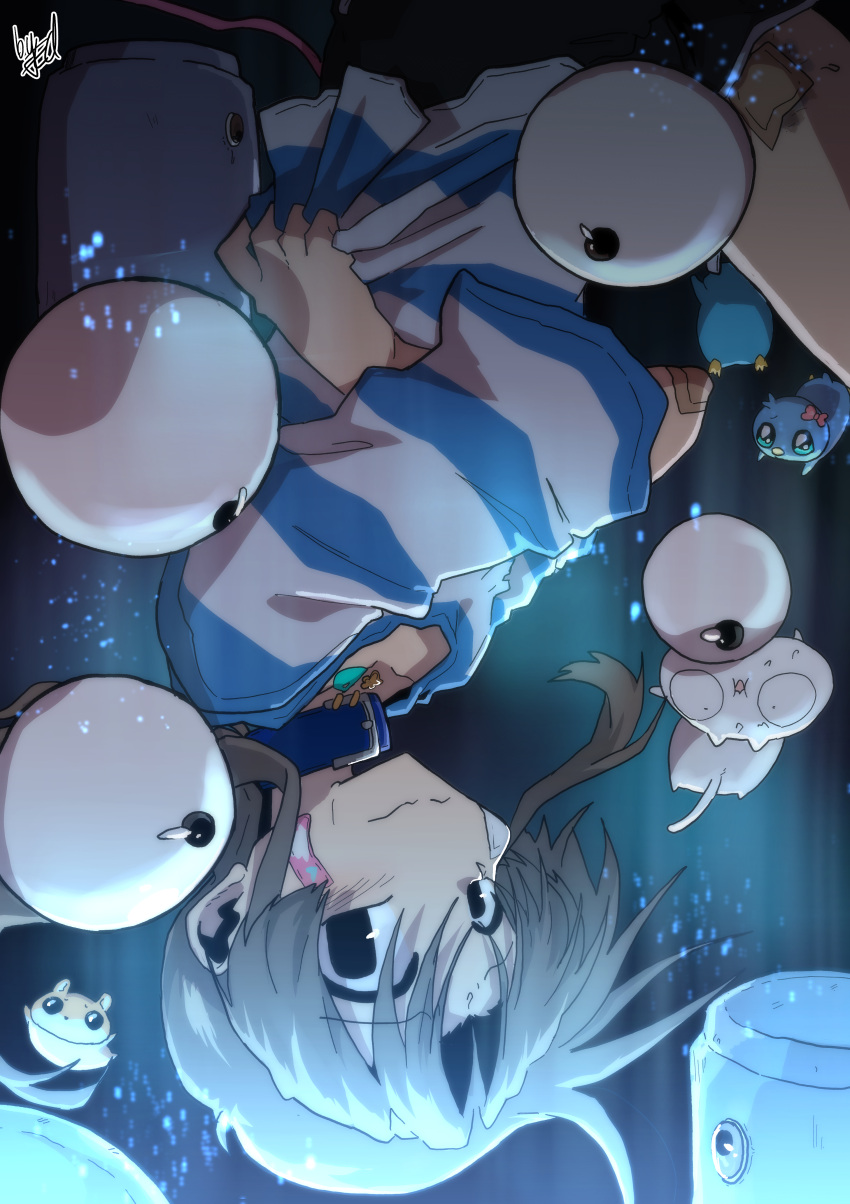 1girl absurdres animal bandage_on_face bandage_on_knee bandages bandaid bandaid_on_face bird black_eyes black_shorts blue_collar blue_shirt blue_theme brown_hair cat collar ed-chan_(edkuroki) edkuroki falling hair_intakes hamster highres long_hair messy_hair motion_lines original shirt shorts signature solo striped striped_shirt upside-down white_shirt