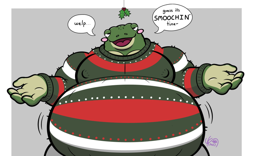 absurd_res amphibian anthro beckoning belly big_belly blush chubby_anthro chubby_male clothing frog gesture hi_res holidays korro_(character) male mistletoe moobs nipple_outline overweight overweight_anthro overweight_male plant solo solokorro sweater toad_(frog) topwear