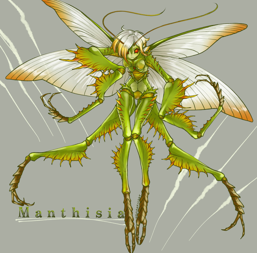 1girl antennae arthropod_girl arthropod_limbs breasts bright_pupils carapace claw_mark claws closed_mouth colored_skin extra_arms full_body gradient_hair green_skin grey_background grey_hair grey_wings hair_over_one_eye hands_up highres insect_wings looking_at_viewer mantis_girl monster_girl multicolored_hair orange_hair original red_eyes ringed_eyes sabuneko2645 short_hair simple_background small_breasts solo twitter_username wings yellow_eyes yellow_pupils