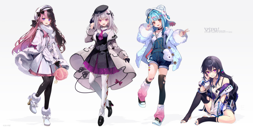4girls :d animal_ears argyle argyle_legwear argyle_pantyhose asumi_sena bag bare_shoulders bat_hair_ornament bear_ears black_bow black_choker black_collar black_dress black_footwear black_gloves black_hair black_pantyhose black_ribbon black_socks black_thighhighs blue_hair blue_jacket blue_nails boots bow braid breasts choker cloak coat collar collarbone commentary_request dress earrings fake_animal_ears feet fur-trimmed_boots fur-trimmed_cloak fur-trimmed_sleeves fur_collar fur_trim gloves gradient_background grey_background grey_coat grey_hair grin hair_between_eyes hair_ornament hair_ribbon hairclip half_gloves hand_up hat high_heel_boots high_heels highres holding holding_bag ichinose_uruha jacket jewelry kneehighs long_hair long_sleeves looking_at_viewer loose_socks multicolored_hair multicolored_nails multiple_girls nail_polish necktie no_shoes off-shoulder_shirt off_shoulder open_clothes open_coat open_jacket overall_shorts overalls pantyhose peaked_cap pink_hair pink_socks pleated_dress puffy_long_sleeves puffy_sleeves purple_eyes purple_hair purple_nails purple_necktie red_eyes red_nails ribbon shadow shiranami_ramune shirokitsune shirt shoes single_kneehigh single_sock single_thighhigh small_breasts smile socks standing standing_on_one_leg stirrup_legwear streaked_hair striped striped_bow tachibana_hinano_(vtuber) thighhighs toeless_legwear toenail_polish toenails two-tone_hair two_side_up v very_long_hair virtual_youtuber vspo! w white_background white_cloak white_dress white_footwear white_hair white_headwear white_jacket white_pantyhose white_shirt x_hair_ornament