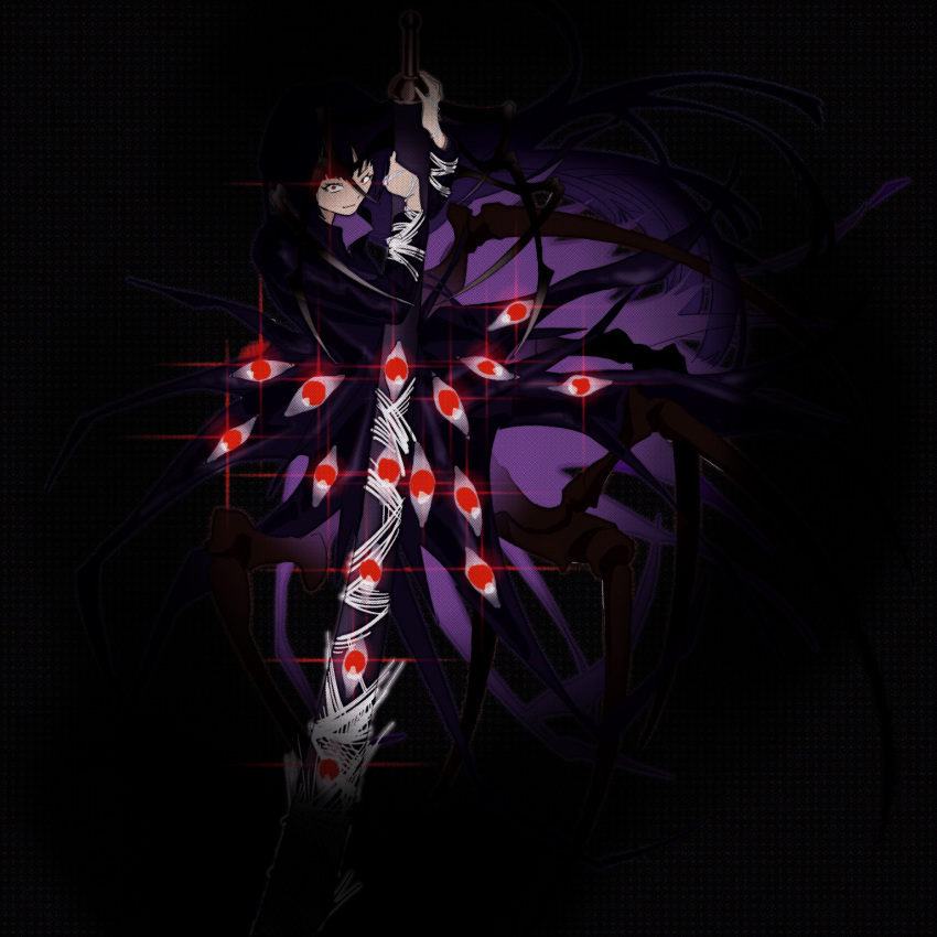 1girl arachne arthropod_girl closed_mouth coat e.g.o_(project_moon) highres holding holding_sword holding_weapon limbus_company long_hair long_sleeves looking_at_viewer maryzha58953461 monster_girl ootachi project_moon purple_coat purple_hair red_eyes ryoshu_(project_moon) silk solo spider_bud spider_girl spider_web sword taur very_long_hair weapon