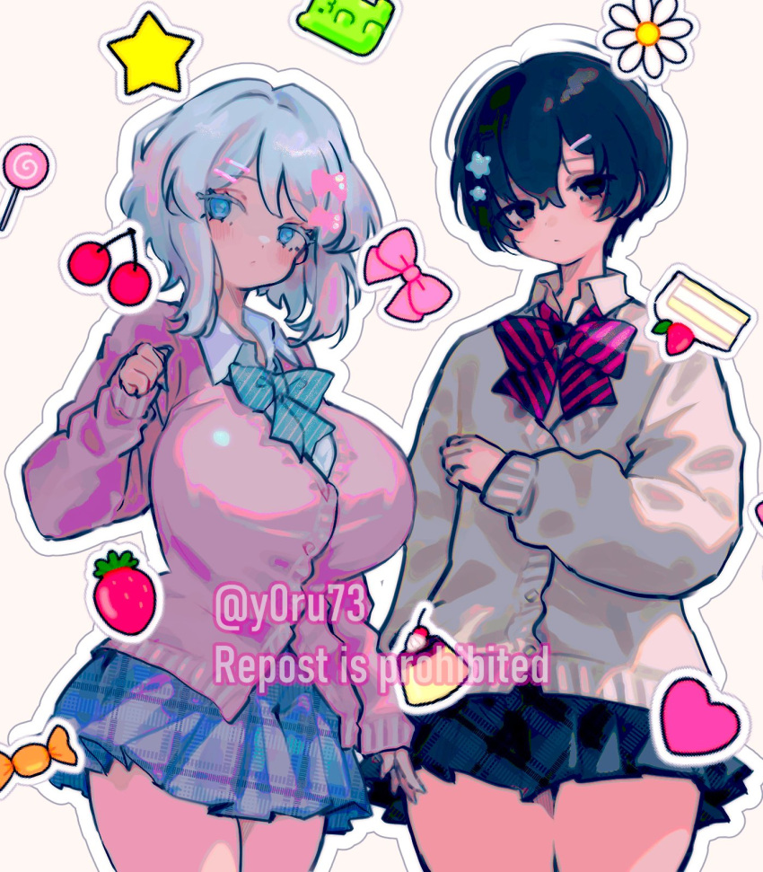 1boy 1girl alternate_breast_size black_eyes black_hair blue_eyes bow bowtie breasts cardigan collared_shirt diagonal-striped_bow diagonal-striped_bowtie diagonal_stripes faust_(project_moon) highres huge_breasts limbus_company looking_at_viewer project_moon shirt short_hair simple_background striped white_background white_hair white_shirt y0ru73 yellow_cardigan yi_sang_(project_moon)