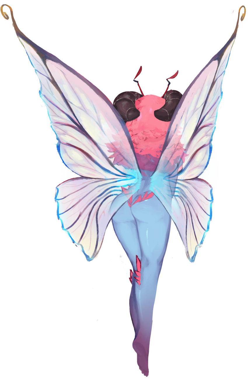 1girl absurdres antennae ass blue_skin butterfly_wings colored_skin fairy fairy_wings floating from_behind hair_ornament highres insect_wings long_hair monster_girl multicolored_skin nude original pink_fur pink_hair pink_skin sora_sakura thick_thighs thighs two-tone_skin white_background wings