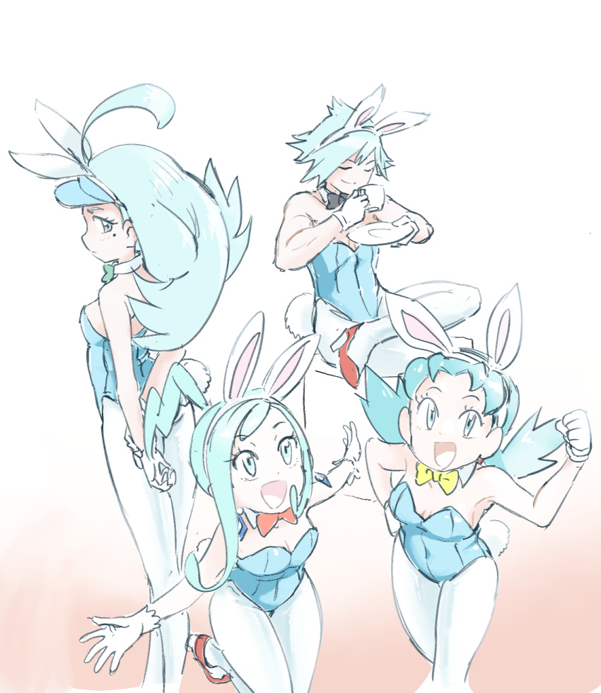 1boy 3girls alternate_costume animal_ears blue_eyes blue_hair breasts cleavage covered_navel cup fake_animal_ears fake_tail gloves gradient_background high_heels highres holding holding_cup kahili_(pokemon) kris_(pokemon) lisia_(pokemon) male_playboy_bunny mole mole_under_eye multiple_girls playboy_bunny pokemon pokemon_gsc pokemon_oras pokemon_sm rabbit_ears rabbit_tail smile standing steven_stone tail u4_99384295 visor_cap white_gloves