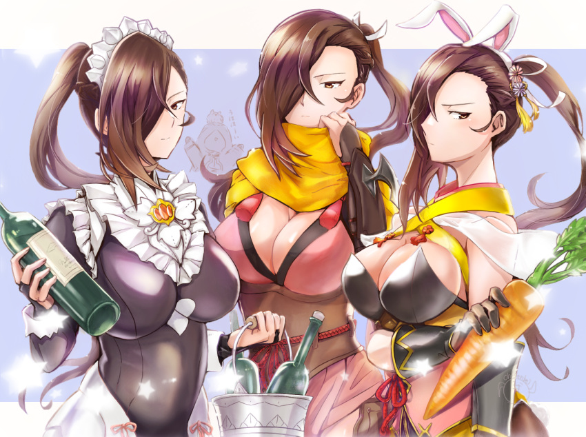 1girl 3girls alcohol animal_ears bare_shoulders black_dress bottle breasts bridal_gauntlets brown_eyes brown_hair bucket carrot cleavage dress fake_animal_ears fire_emblem fire_emblem_fates fire_emblem_heroes flower food frills glass_bottle gloves hair_flower hair_ornament hair_over_one_eye holding holding_food holding_vegetable ice_bucket kagero_(fire_emblem) kagero_(halloween)_(fire_emblem) kagero_(spring)_(fire_emblem) large_breasts leotard long_hair long_sleeves looking_at_viewer maid maid_headdress multiple_girls ninja official_alternate_costume oh01861884 pantyhose playboy_bunny ponytail rabbit_ears scarf sideboob simple_background vegetable wine wine_bottle yellow_scarf