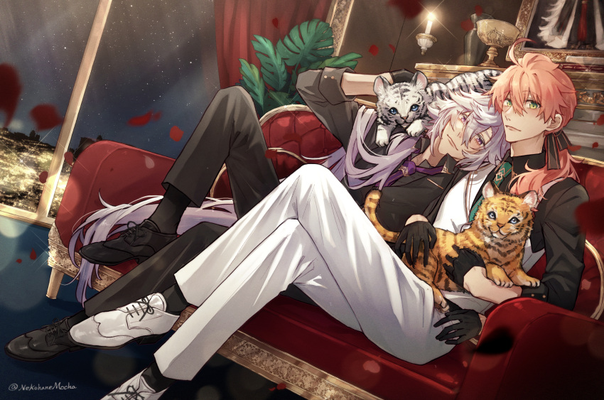 2boys absurdly_long_hair ahoge alternate_costume black_footwear black_gloves black_pants black_ribbon black_shirt black_socks black_vest candle chaldea_logo chalice closed_mouth collared_shirt couch crossed_legs cup curtains fate/grand_order fate_(series) fern glint gloves green_eyes green_necktie hair_between_eyes hair_over_shoulder hair_ribbon half_gloves head_on_another's_shoulder highres holy_grail_(fate) indoors knee_up loafers long_hair long_sleeves looking_at_viewer lying male_focus merlin_(fate) multiple_boys necktie nekohanemocha night night_sky pants pink_hair portrait_(object) purple_eyes purple_hair purple_necktie ribbon romani_archaman shirt shoes sitting sky smile socks solomon_(fate) tiger tiger_cub vase very_long_hair vest white_footwear white_pants white_tiger white_vest window wing_collar