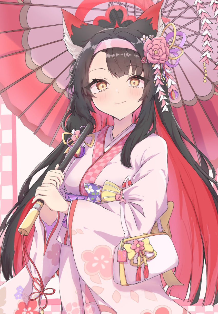 1girl animal_ear_fluff animal_ears black_hair blue_archive blush closed_mouth colored_inner_hair fox_ears hairband halo highres holding holding_umbrella japanese_clothes kimono long_hair long_sleeves multicolored_hair obi oil-paper_umbrella pink_hairband pink_kimono red_hair red_halo sash smile solo umbrella wakamo_(blue_archive) wide_sleeves yellow_eyes yoshimura_pmc38