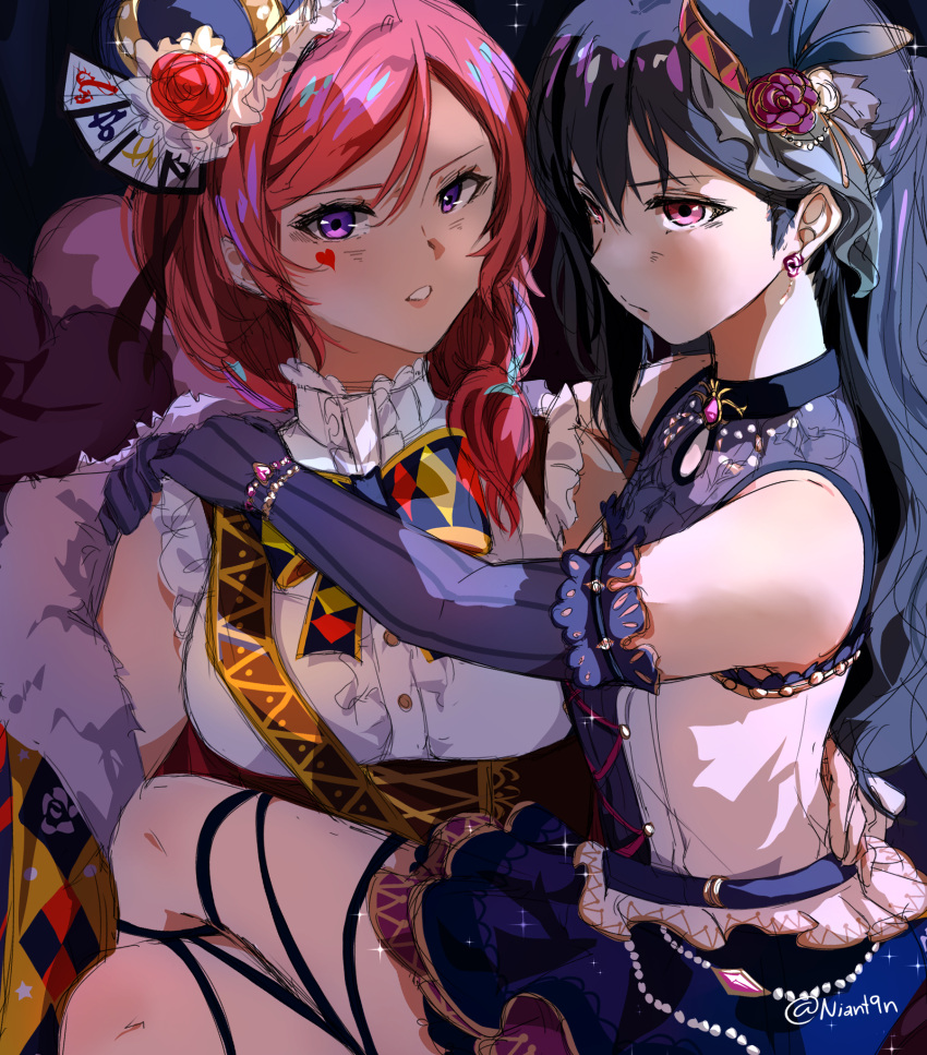 bare_shoulders blue_hair brown_eyes carrying double-parted_bangs elbow_gloves gloves highres long_hair love_live! niant9n nishikino_maki princess_carry purple_eyes red_hair sonoda_umi tagme