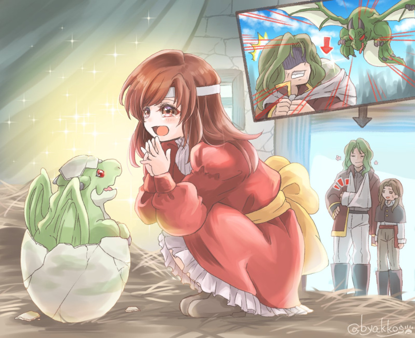 1girl 2boys altena_(fire_emblem) arion_(fire_emblem) artist_name baby bandaged_arm bandages black_footwear blue_sky boots brick_wall brown_eyes brown_hair byakkos clenched_teeth closed_eyes closed_mouth cloud commentary_request cracked_egg dragon dragon_wings dress egg emphasis_lines family fangs fire_emblem fire_emblem:_genealogy_of_the_holy_war frills hairband happy highres horns indoors medium_hair multiple_boys open_mouth own_hands_together red_dress red_eyes skin_fangs sky smile sparkle squatting surprised teeth travant_(fire_emblem) twitter_username white_hairband wings