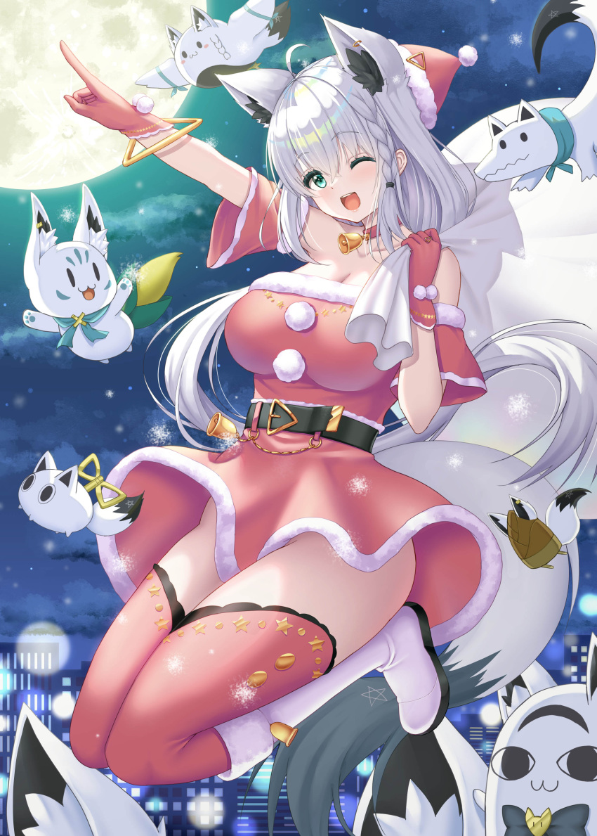 1girl absurdres ahoge animal_ear_fluff animal_ears belt boots braid breasts christmas cityscape cleavage dress fox_ears fox_girl fox_tail full_moon fur-trimmed_dress fur-trimmed_headwear fur_trim gloves hat highres holding holding_sack hololive huge_breasts moon night open_mouth red_dress red_gloves red_headwear sack santa_boots santa_costume santa_dress santa_gloves santa_hat shirakami_fubuki side_braid single_braid snow snowing solo tail thighs uehiro virtual_youtuber white_hair