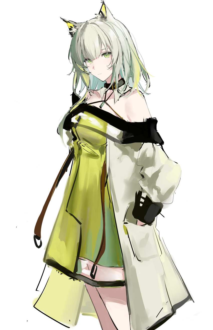 1girl absurdres animal_ears arknights bare_shoulders cat_ears coat commentary_request cowboy_shot dress green_dress green_eyes green_hair hand_in_pocket highres joshua_(shisanli934) kal'tsit_(arknights) long_sleeves looking_at_viewer off_shoulder open_clothes open_coat short_hair simple_background solo standing white_background white_coat