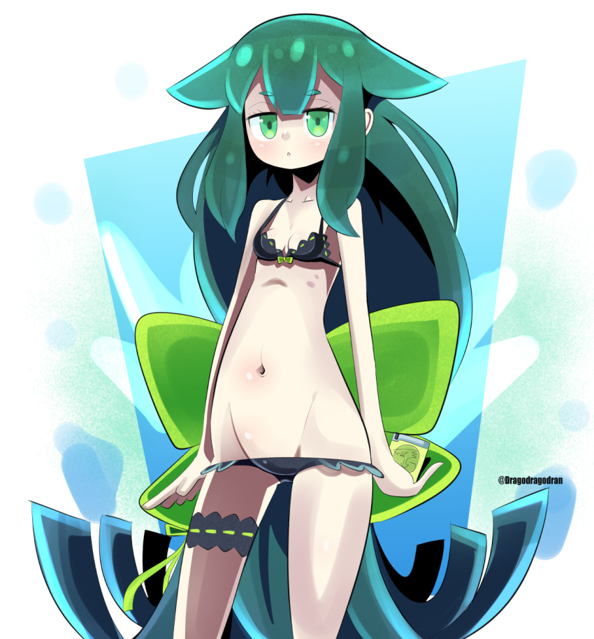 1girl bikini black_bikini bow cowboy_shot dragodragodran frilled_bikini frills gatchaman_crowds green_bow green_eyes green_hair groin hair_flaps highres long_hair lowleg lowleg_bikini miya_utsutsu navel solo standing swimsuit