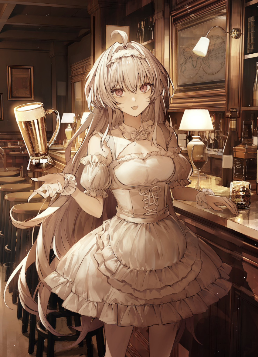 1girl ahoge alcohol apron bar_(place) bar_stool beer_mug bottle corset cup dress drinking_glass fate/grand_order fate_(series) frilled_hairband frills hairband highres lamp long_hair map merlin_(fate/prototype) mug pink_eyes stool tamitami whiskey white_apron white_dress white_hair wine_bottle wrist_cuffs