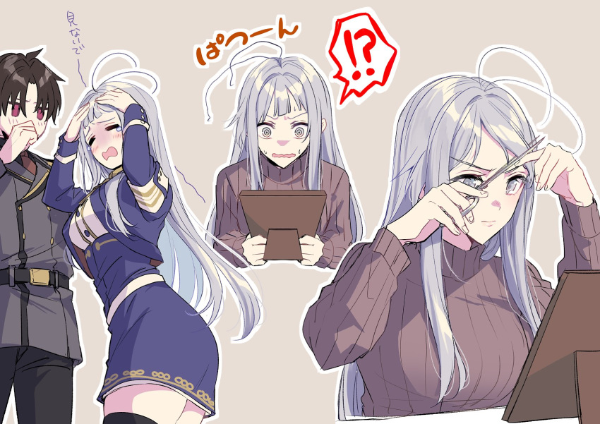 !? 1girl 86_-eightysix- =_= @_@ antenna_hair belt black_belt black_pants blue_jacket blue_skirt commentary_request cropped_jacket crying cutting_hair cutting_own_hair diagonal_bangs grey_background grey_eyes grey_hair grey_jacket high-waist_skirt highres holding holding_own_hair holding_scissors jacket long_hair long_sleeves looking_at_mirror military_jacket military_uniform mirror multiple_views pants red_eyes scissors shinei_nouzen shirt shousuke skirt stifled_laugh sweater thighhighs uniform very_long_hair vladilena_millize white_belt white_shirt