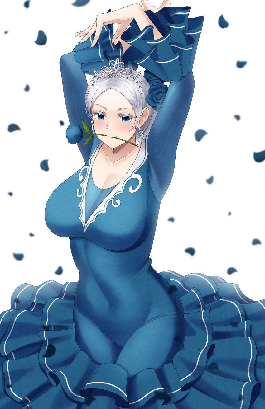 absurdres arms_up blue_eyes breasts commission commissioner_upload dancing doiparuni dress falling_petals flamenco_dress flower flower_in_mouth highres huge_breasts looking_at_viewer original petals tiara tight_clothes white_hair