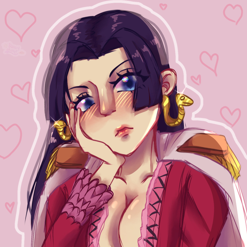 1girl black_hair blue_eyes boa_hancock breasts cleavage closed_mouth earrings heart highres jewelry looking_at_viewer one_piece self-upload simple_background snake_earrings