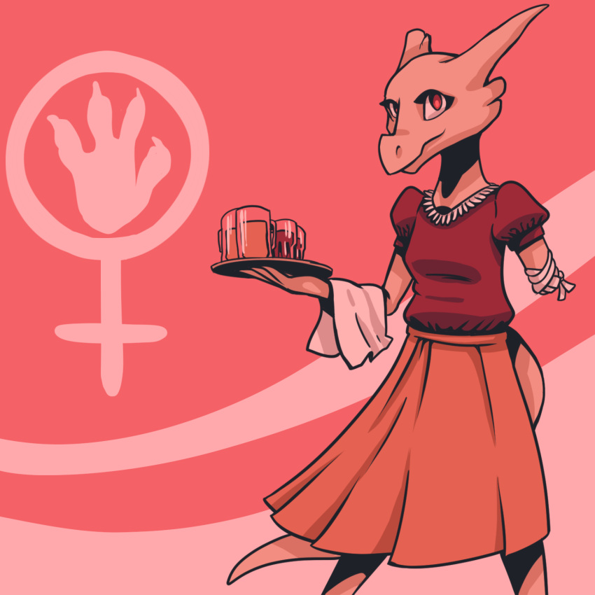 2019 2_horns amputee anthro arzfayz arzfayz_amazing_adventure_quest bald bottomwear breasts clothed clothing container cup deer_(artist) digital_media_(artwork) disability eyelashes female female_symbol fully_clothed gender_symbol glass glass_container glass_cup hi_res holding_plate horn kobold medium_breasts missing_arm mug orange_bottomwear orange_clothing orange_skirt pink_background portrait red_clothing red_eyes red_shirt red_topwear shirt simple_background skirt snout solo standing stump_bandage symbol tail three-quarter_portrait three-quarter_view topwear women's_day