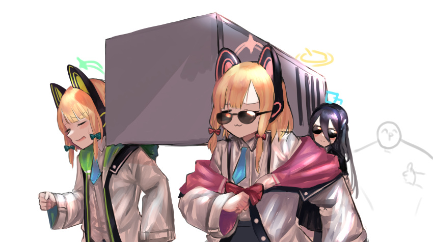 1boy 3girls :3 absurdres aimpoleume arisu_(blue_archive) bangs black_hair blonde_hair blue_archive blue_neckwear blush bow cat_ear_headphones closed_eyes closed_mouth coffin dancing_pallbearers embarrassed eyebrows_visible_through_hair green_ribbon hair_between_eyes hair_bow halo headband headphones highres jacket long_hair long_sleeves medium_hair meme midori_(blue_archive) momoi_(blue_archive) multiple_girls necktie open_mouth red_ribbon ribbon school_uniform shirt siblings simple_background sisters sketch smile solo sunglasses twins upper_body white_background white_jacket white_shirt