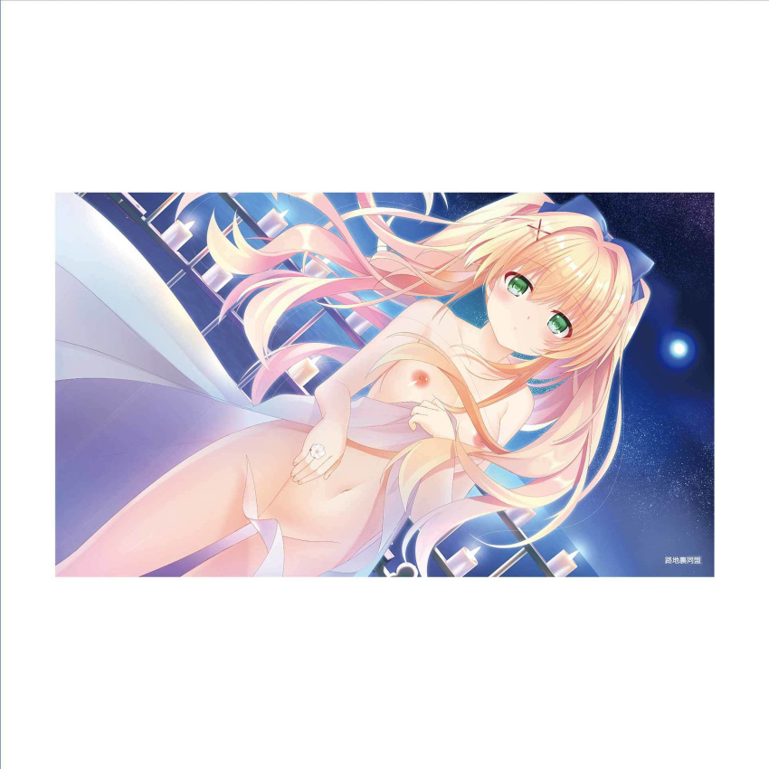 blonde_hair blush breasts green_eyes hair_intakes hair_ornament highres long_hair looking_at_viewer nude otou_(otou_san) summer_pockets tsumugi_wenders twintails very_long_hair x_hair_ornament