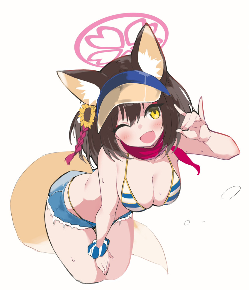 1girl animal_ear_fluff animal_ears bare_shoulders bikini blue_archive blue_bikini blue_shorts breasts brown_hair cleavage commentary denim denim_shorts fang flower fox_ears fox_girl fox_tail hair_between_eyes hair_flower hair_ornament halo highleg highleg_bikini highres izuna_(blue_archive) leaning_forward looking_at_viewer medium_breasts official_alternate_costume one_eye_closed one_side_up open_mouth pink_halo red_scarf rope scarf scrunchie shimenawa short_hair short_shorts shorts simple_background skin_fang smile solo striped striped_bikini sunflower sunflower_hair_ornament sweat swimsuit tail thighs visor_cap white_background white_stripes wrist_scrunchie yabai_gorilla yellow_eyes